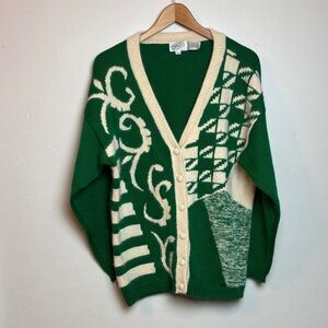 VTG Orly Paris Women’s V-Neck Knit Cardigan Green Abstract Wool Angora Large